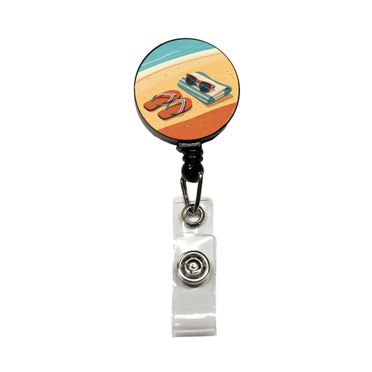 Retro Sunglasses Flip Flops Towel On Sand Beach Ocean Retractable ID Key Card Name Tag Badge Holder with Clip