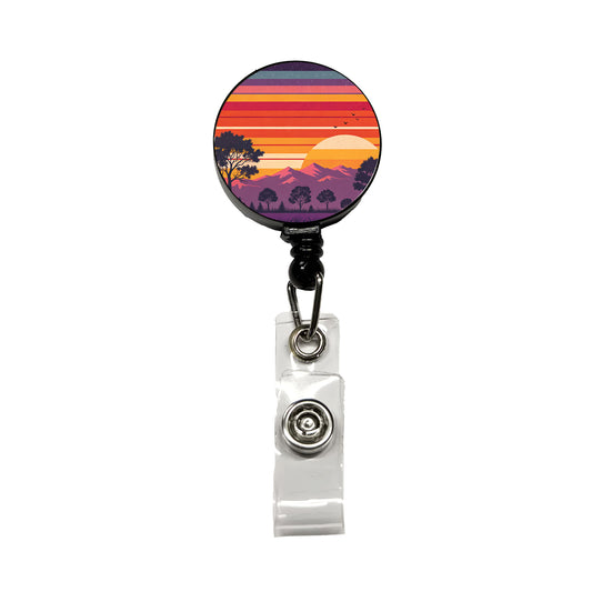 Retro Sunset Stripes Mountains Retractable ID Key Card Name Tag Badge Holder with Clip