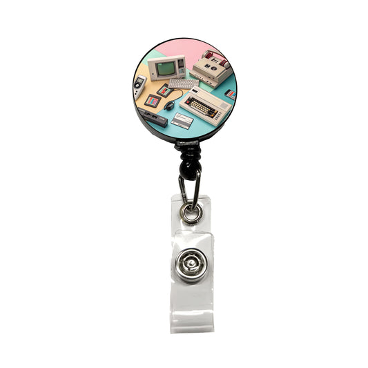 Retro Technology Collage Computer Retractable ID Key Card Name Tag Badge Holder with Clip