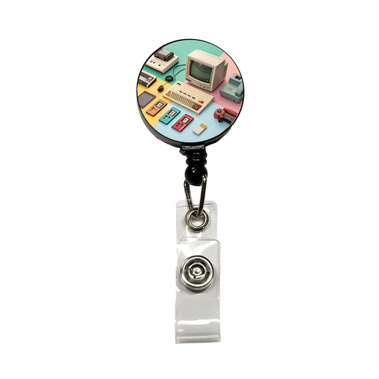 Retro Technology Device Computer Collage Retractable ID Key Card Name Tag Badge Holder with Clip