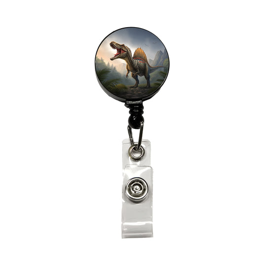 Roaring Spinosaurus Dinosaur Mountains Retractable ID Key Card Name Tag Badge Holder with Clip