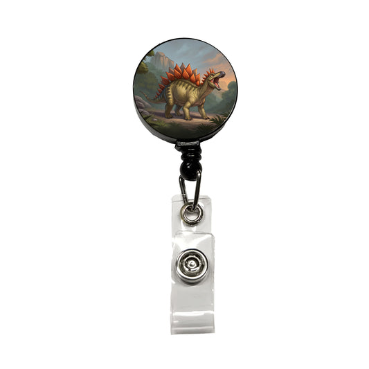 Roaring Stegosaurus Dinosaur Mountain Retractable ID Key Card Name Tag Badge Holder with Clip