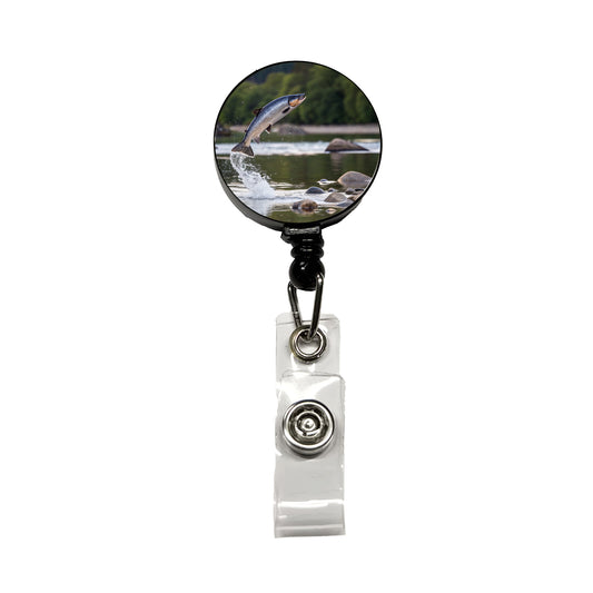 Salmon Fish Jumping Fishing Retractable ID Key Card Name Tag Badge Holder with Clip