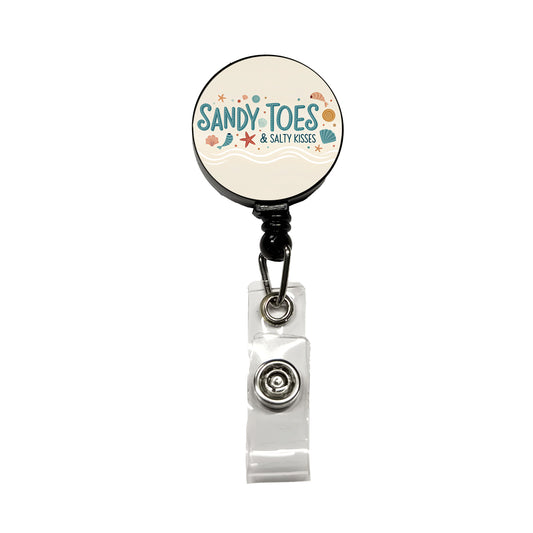 Sandy Toes Salty Kisses Ocean Beach Shells Retractable ID Key Card Name Tag Badge Holder with Clip