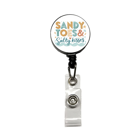 Sandy Toes Salty Kisses Ocean Beach Retractable ID Key Card Name Tag Badge Holder with Clip