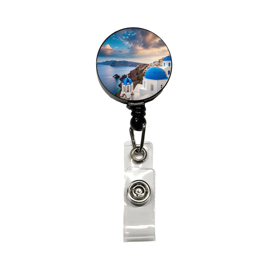 Santorini Greece Travel Beautiful Retractable ID Key Card Name Tag Badge Holder with Clip