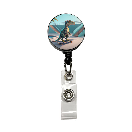 Skateboarding Raptor Dinosaur Funny Retractable ID Key Card Name Tag Badge Holder with Clip