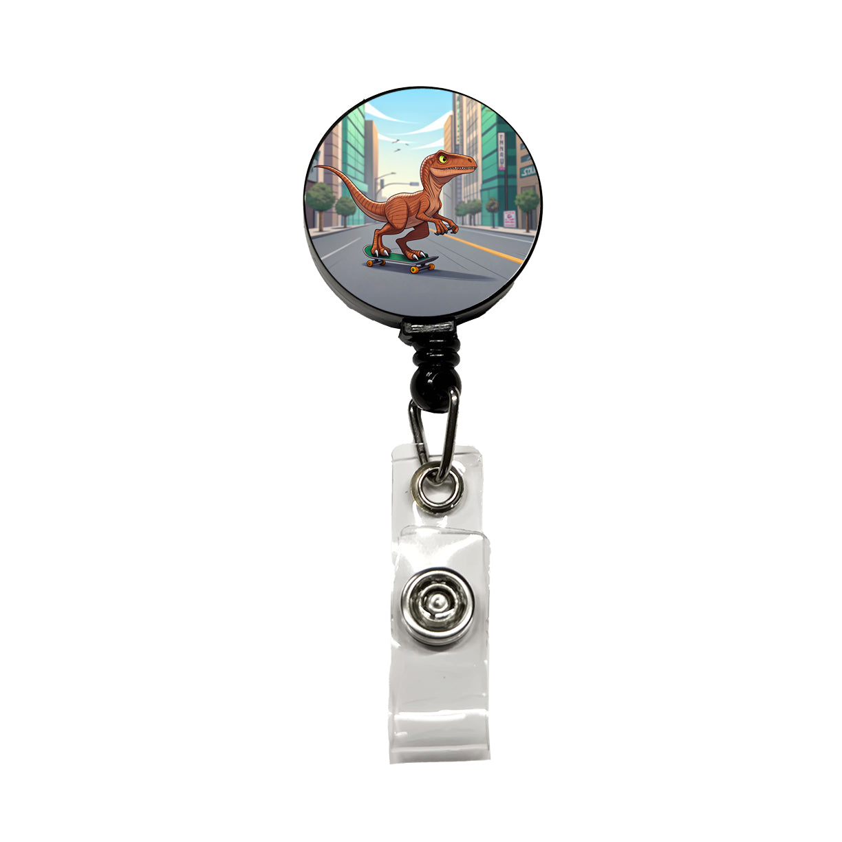 Skateboarding Raptor Dinosaur Retractable ID Key Card Name Tag Badge Holder with Clip