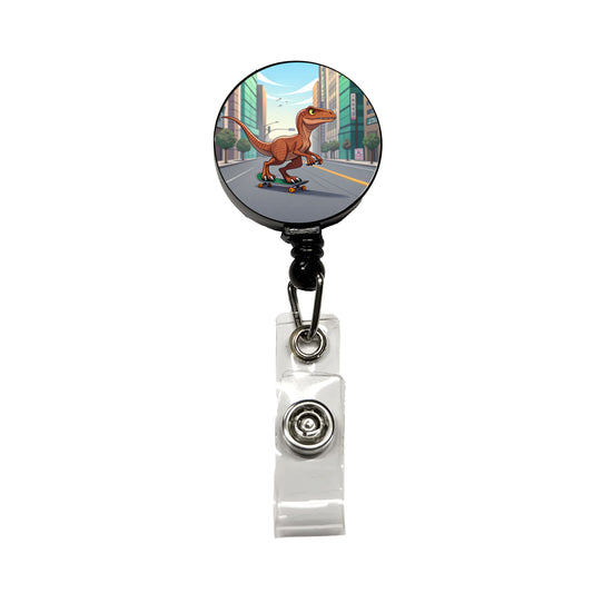 Skateboarding Raptor Dinosaur Retractable ID Key Card Name Tag Badge Holder with Clip