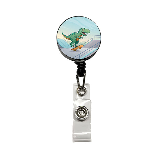 Skateboarding Tyrannosaurus Rex Dinosaur Cute Retractable ID Key Card Name Tag Badge Holder with Clip
