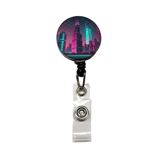 Skyscrapers Buildings Lit Pink Teal Retractable ID Key Card Name Tag Badge Holder with Clip