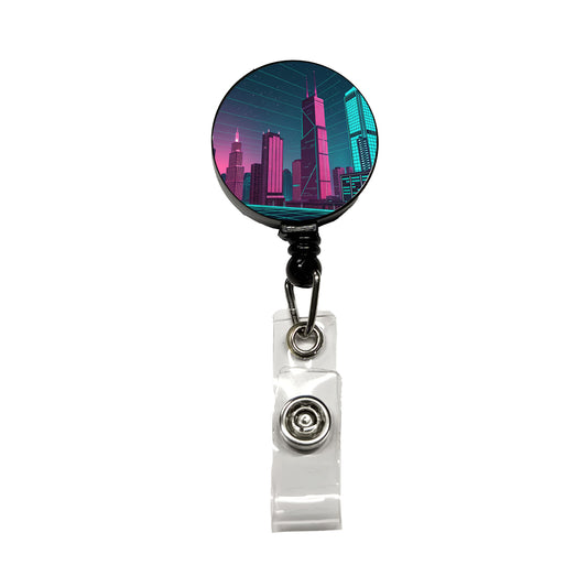 Skyscrapers Lit Pink Teal Glitch Effects Retractable ID Key Card Name Tag Badge Holder with Clip