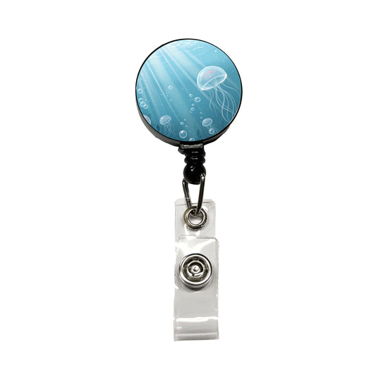 Soft Blue Tones Floating Jellyfish Bubbles Ocean Retractable ID Key Card Name Tag Badge Holder with Clip