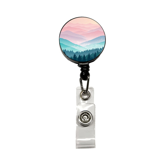 Soft Gradient Pastels Hills Trees Retractable ID Key Card Name Tag Badge Holder with Clip