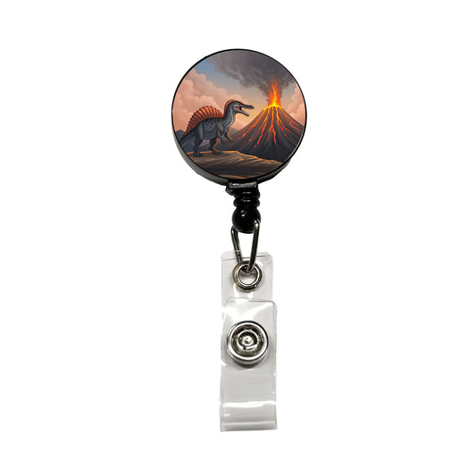 Spinosaurus Volcano Erupting Dinosaur Retractable ID Key Card Name Tag Badge Holder with Clip