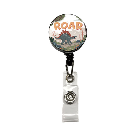 Stegosaurus With Roar Bold Text Dinosaur Retractable ID Key Card Name Tag Badge Holder with Clip