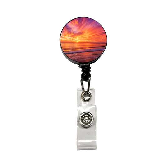 Sunrise Sunset Over The Ocean Beach Retractable ID Key Card Name Tag Badge Holder with Clip