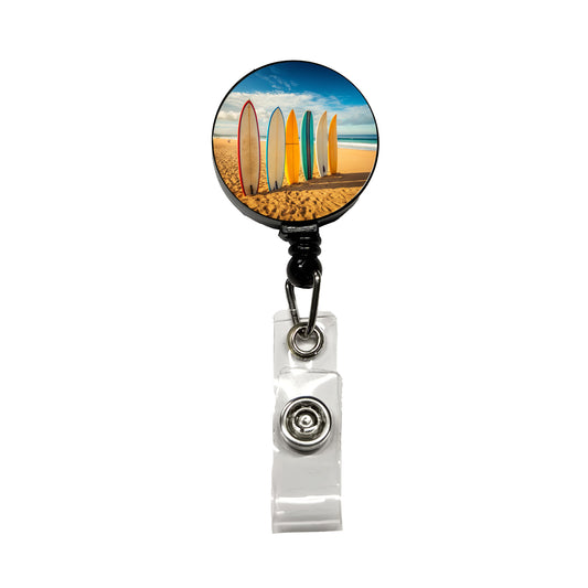 Surfboard Lineup On Beach Retractable ID Key Card Name Tag Badge Holder with Clip
