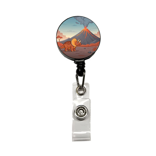 Triceratops Volcano Dinosaur Retractable ID Key Card Name Tag Badge Holder with Clip