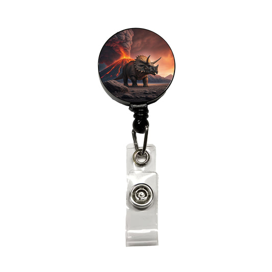 Triceratops Volcano Erupting Dinosaur Retractable ID Key Card Name Tag Badge Holder with Clip