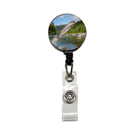 Trout Fish Jumping Fishing River Retractable ID Key Card Name Tag Badge Holder with Clip