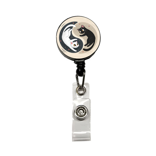 Two Cats Yin Yang Black White Retractable ID Key Card Name Tag Badge Holder with Clip