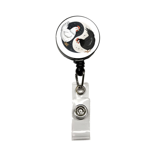 Two Chickens Yin Yang White Black Retractable ID Key Card Name Tag Badge Holder with Clip
