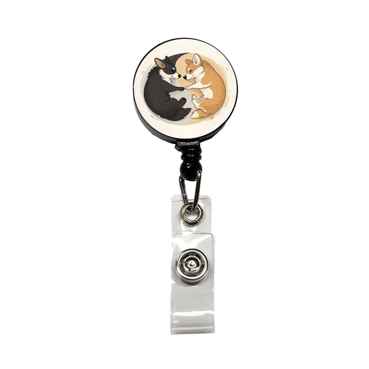 Two Corgis Yin Yang Dogs Retractable ID Key Card Name Tag Badge Holder with Clip