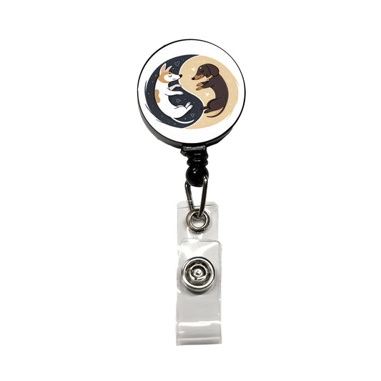 Two Dogs Yin Yang Illustration Retractable ID Key Card Name Tag Badge Holder with Clip