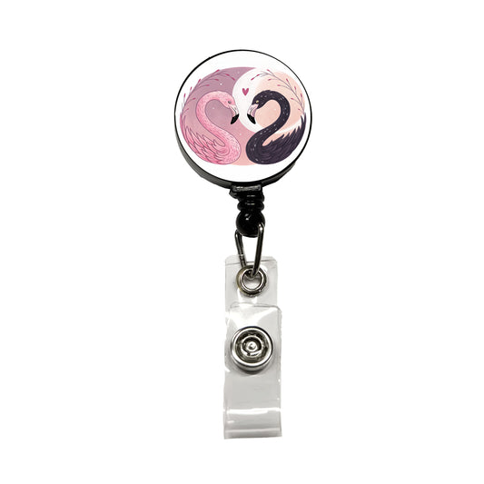 Two Flamingos Yin Yang Pink Black Retractable ID Key Card Name Tag Badge Holder with Clip