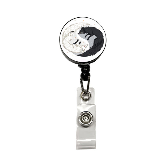 Two Foxes Yin Yang Black White Retractable ID Key Card Name Tag Badge Holder with Clip