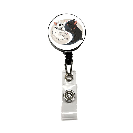 Two French Bulldogs Yin Yang Dark Light Retractable ID Key Card Name Tag Badge Holder with Clip