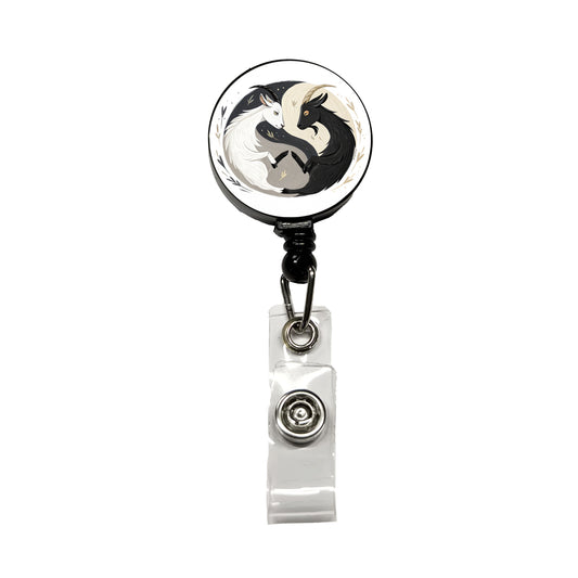 Two Goats Yin Yang White Black Retractable ID Key Card Name Tag Badge Holder with Clip