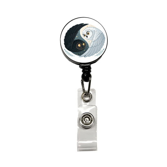 Two Owls Yin Yang Black White Retractable ID Key Card Name Tag Badge Holder with Clip