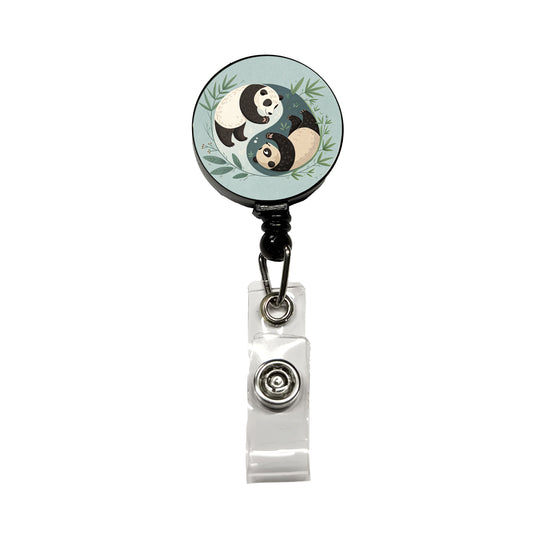 Two Pandas Yin Yang Cute Retractable ID Key Card Name Tag Badge Holder with Clip