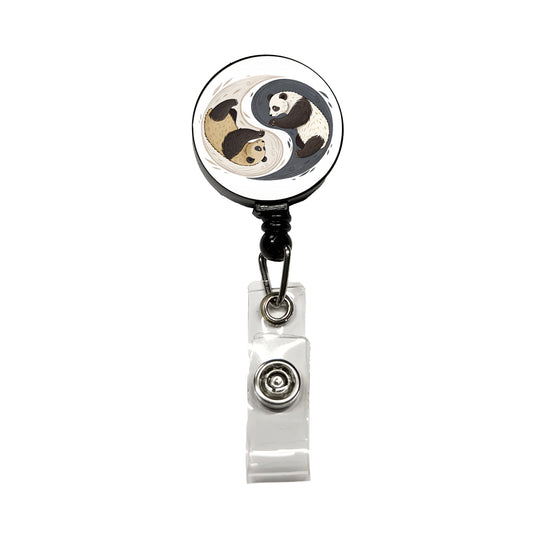 Two Pandas Yin Yang Retractable ID Key Card Name Tag Badge Holder with Clip