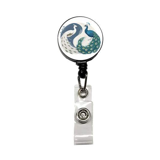 Two Peacocks Yin Yang Retractable ID Key Card Name Tag Badge Holder with Clip
