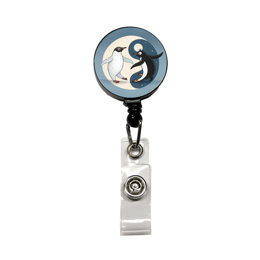 Two Penguins Yin Yang Retractable ID Key Card Name Tag Badge Holder with Clip