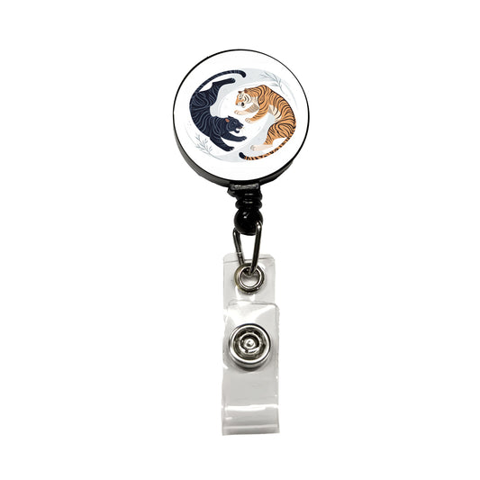 Two Tigers Yin Yang Illustration Retractable ID Key Card Name Tag Badge Holder with Clip