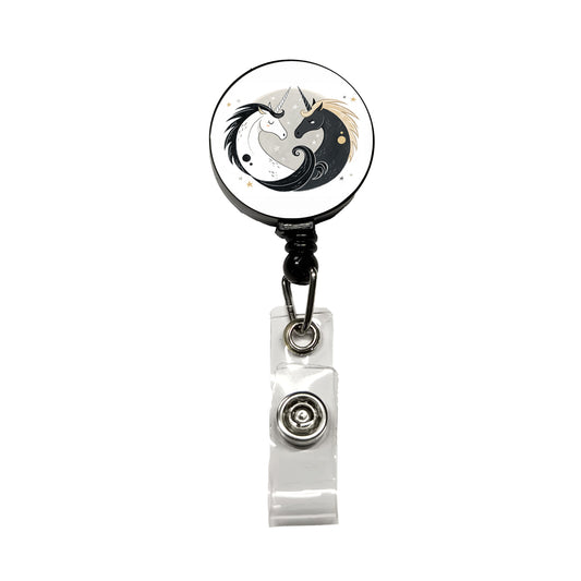 Two Unicorns Yin Yang Black White Retractable ID Key Card Name Tag Badge Holder with Clip