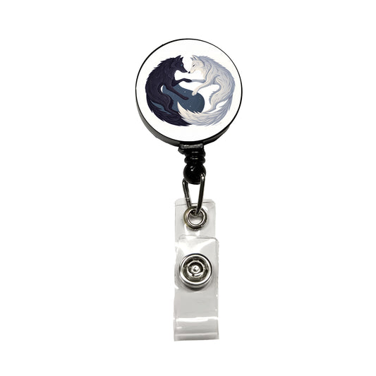 Two Wolves Yin Yang Black White Retractable ID Key Card Name Tag Badge Holder with Clip