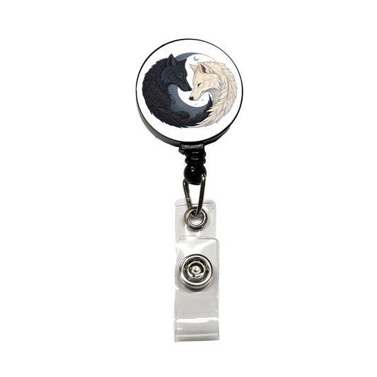 Two Wolves Yin Yang Retractable ID Key Card Name Tag Badge Holder with Clip