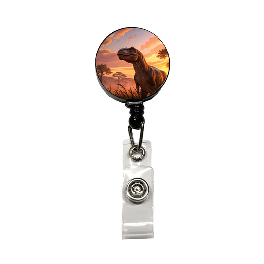 Tyrannosaurus T-Rex Dinosaur Sunset Sky Retractable ID Key Card Name Tag Badge Holder with Clip