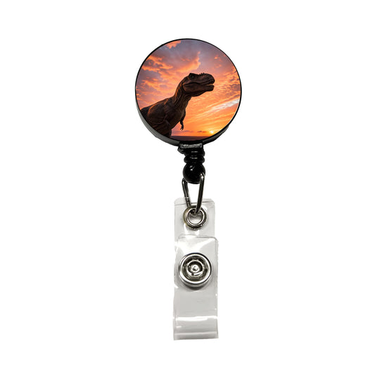 Tyrannosaurus T-Rex Dinosaur Sunset Sunrise Retractable ID Key Card Name Tag Badge Holder with Clip
