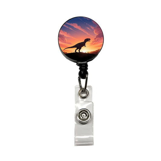 Tyrannosaurus T-Rex Dinosaur Sunset Retractable ID Key Card Name Tag Badge Holder with Clip