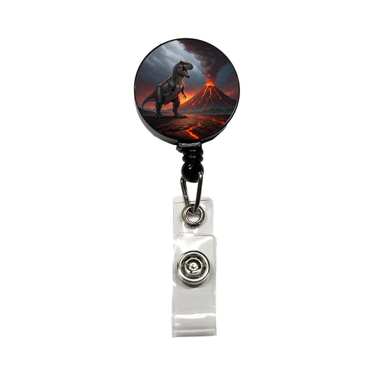 Tyrannosaurus T-Rex Dinosaur Volcano Erupting Retractable ID Key Card Name Tag Badge Holder with Clip