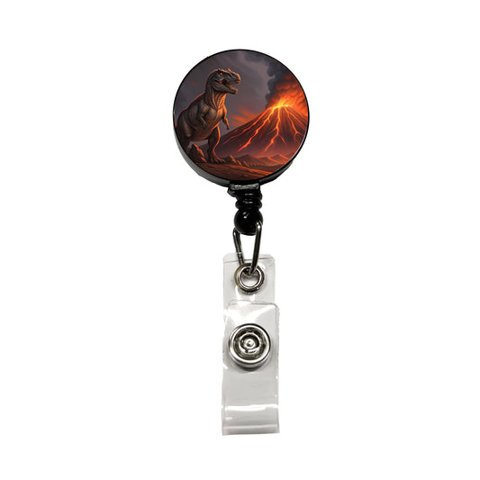 Tyrannosaurus T-Rex Dinosaur Volcano Lava Retractable ID Key Card Name Tag Badge Holder with Clip