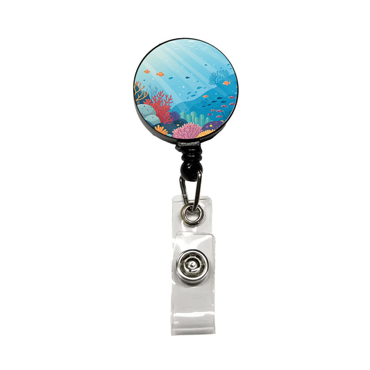 Underwater Reef Scene Fish Coral Ocean Tropical Retractable ID Key Card Name Tag Badge Holder with Clip