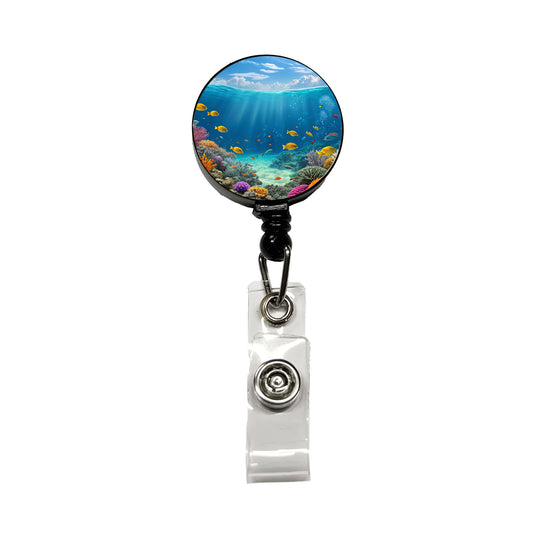 Underwater Reef Scene Tropical Fish Ocean Retractable ID Key Card Name Tag Badge Holder with Clip