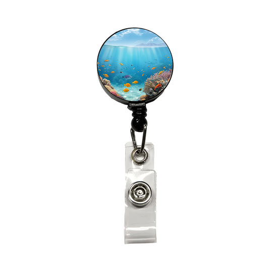 Underwater Scene Tropical Fish Ocean Retractable ID Key Card Name Tag Badge Holder with Clip
